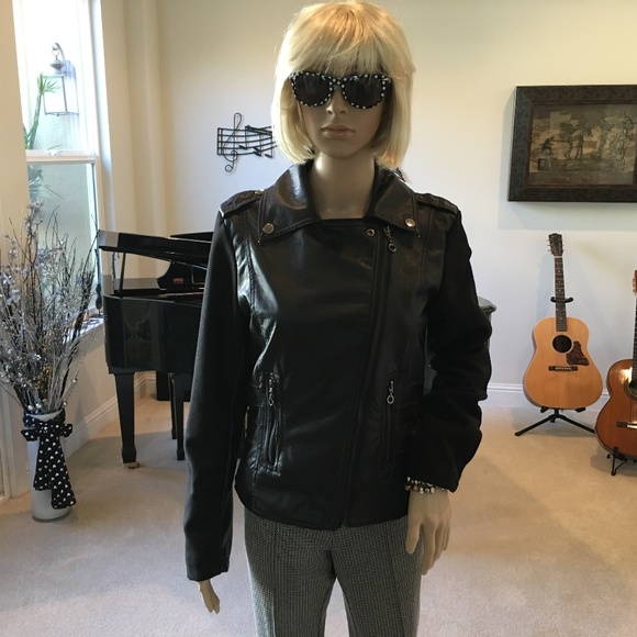 Faux Leather Biker Jacket w/Felted Wool Trim - Picture 2 of 7